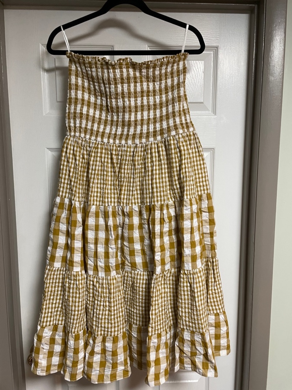NWT Avec Les Filles gold Gingham Tiered Smocked Maxi Skirt